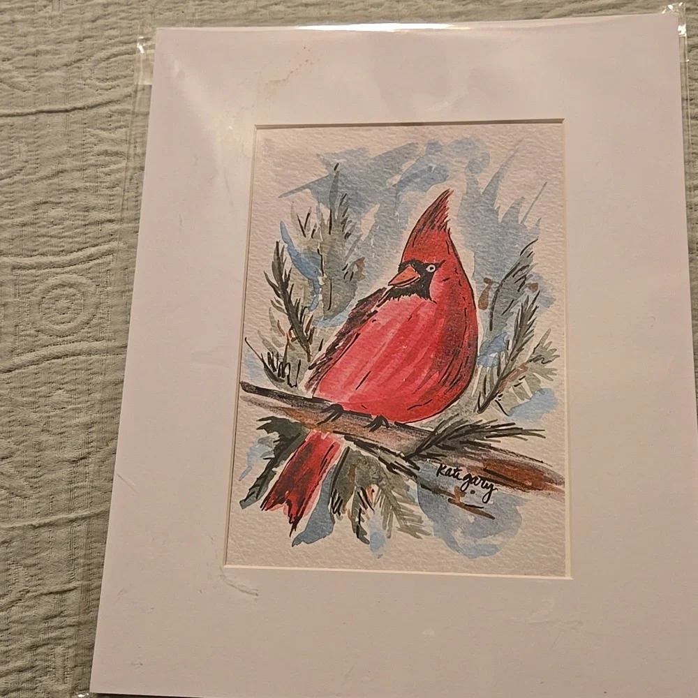 Kate Gary Designs Original Watercolor Matted Cardinal Picture 8 x 10 Inches NEW - Picture 1 of 4